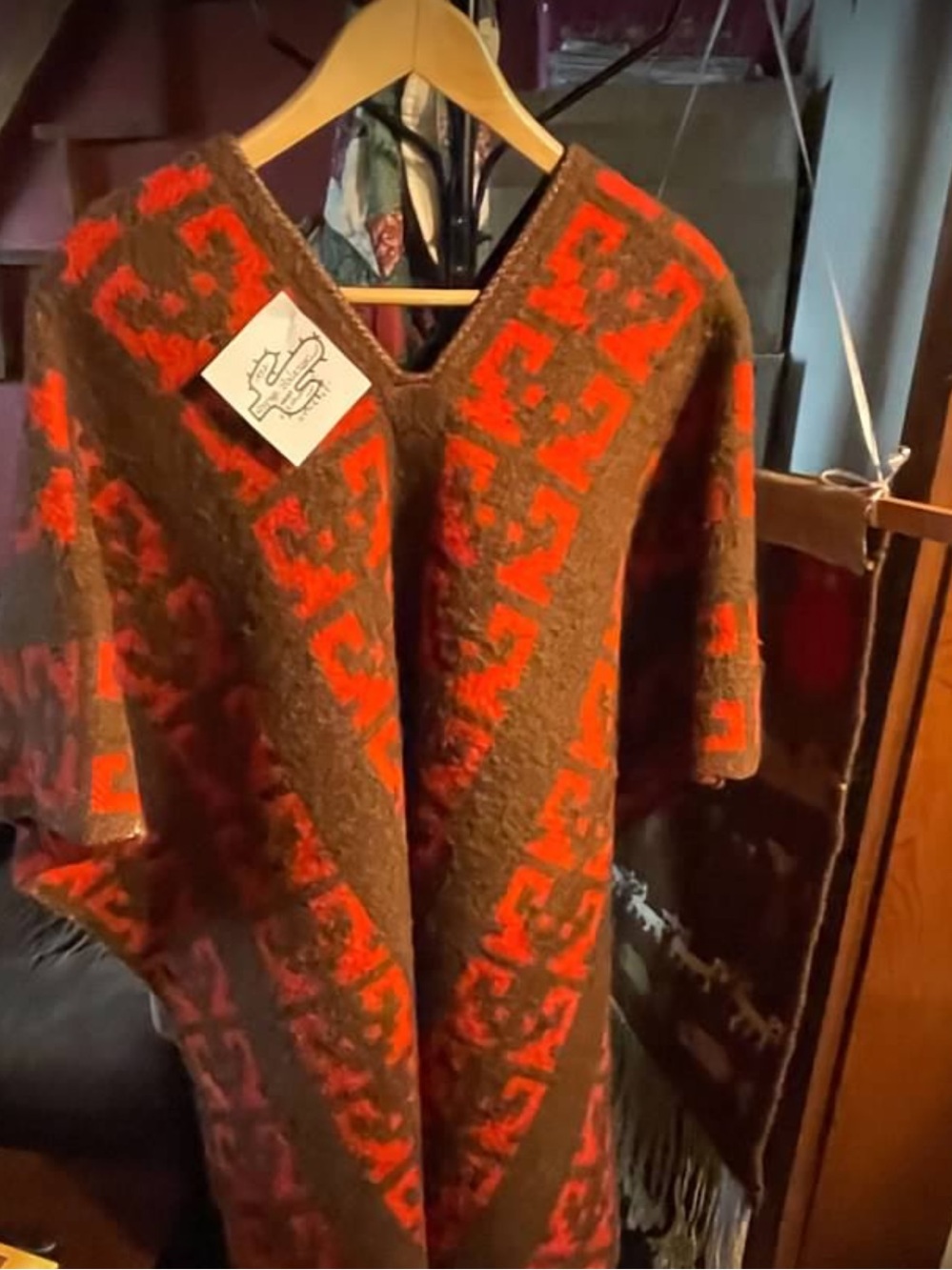 Brown and Red Patterned Wool-Blend Poncho Jacket - Unbranded